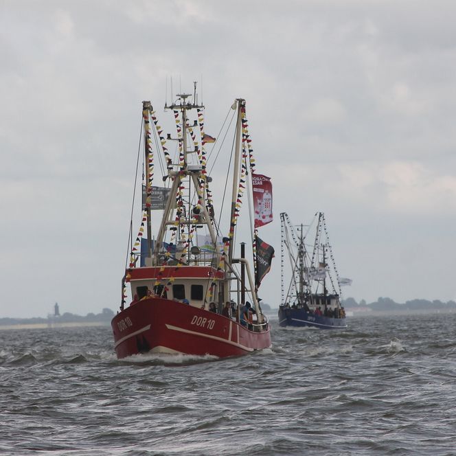Man sieht zwei Kutter, die während des Kutterkorso einlaufen während der Dorumer Hafentage.