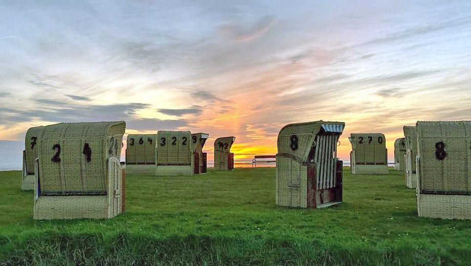 Mehrere Strandkörbe stehen am Grünstrand von Dorum-Neufeld bei Sonnenuntergang. Die Körbe sind in Reihen angeordnet und tragen gut sichtbare Nummern. Der Himmel ist in warmen Farbtönen von Orange, Rosa und Blau gefärbt.