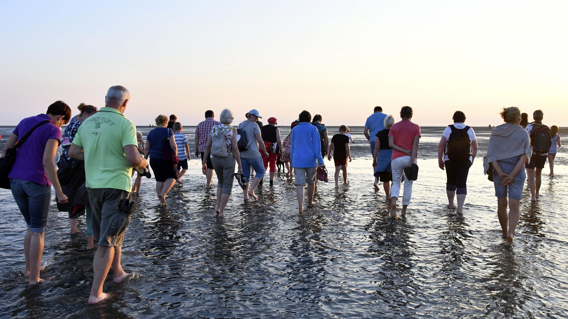 Mehrere Personen laufen bei Ebbe über das Watt an der Wurster Nordseeküste. Im Hintergrund erstreckt sich die weite Wattlandschaft bis zum Horizont, darüber ein klarer Himmel mit vereinzelten Wolken. 