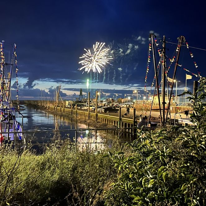 Das Feuerwerk der Dorumer Hafentage 2025 lässt den Hafen bei Nacht in einem funkelnden Lichtermeer erstrahlen. Farbenfrohe Explosionen spiegeln sich im Wasser, während der Himmel über Dorum für einen Moment in Magie getaucht wird – ein unvergessliches Spektakel für Groß und Klein.